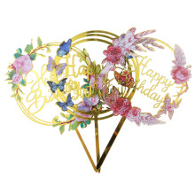 Flower Acrylic Glitter, Cake Toppers Happy Birthday with Gold Frame and Paper Flowers, Cupcake Toppers for Birthday Wedding Baby Shower, Food Safe