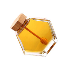 Glass Honey Jar 380ml Clear Pot with Wooden Lid Seal and Spiral Dipper