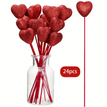 (Red) 24 Stück funkelnde, glitzernde Herz-Picks aus Schaumstoff – geschwollene Herzaufsätze mit Holzstielen für Valentinstag,