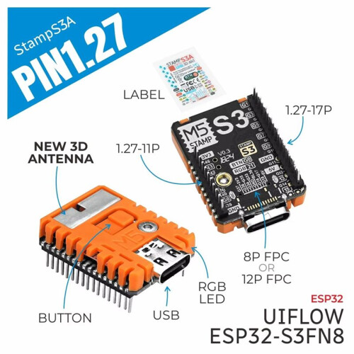 M5stampS3A StampS3A PIN1.27 ESP32-S3 Embedded IOT Module ESP32-S3FN8 Embedded IOT Module with 1.27 Header Pin 1