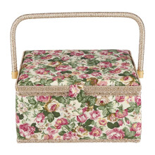 Large Floral Sewing Basket with Handle, Vintage Wooden Storage Box with Detachable Organizer Tray