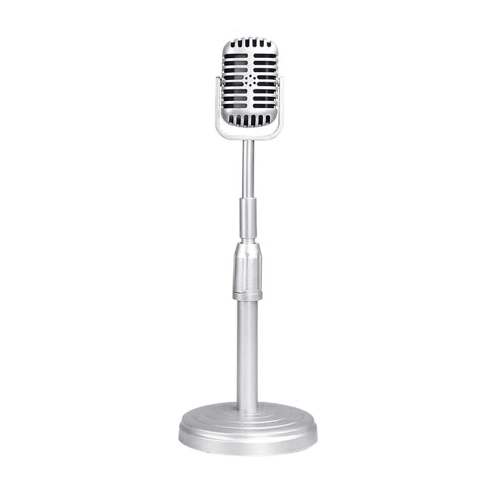 Faux Microphone Prop For Photo Shoots, Adjustable Height, Metal Finish, Nostalgic Studio Decor, Silver 9382693420534