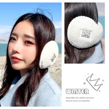 Winter Fleece Foldable Earmuffs for Women, Lamb Wool, Black/Beige