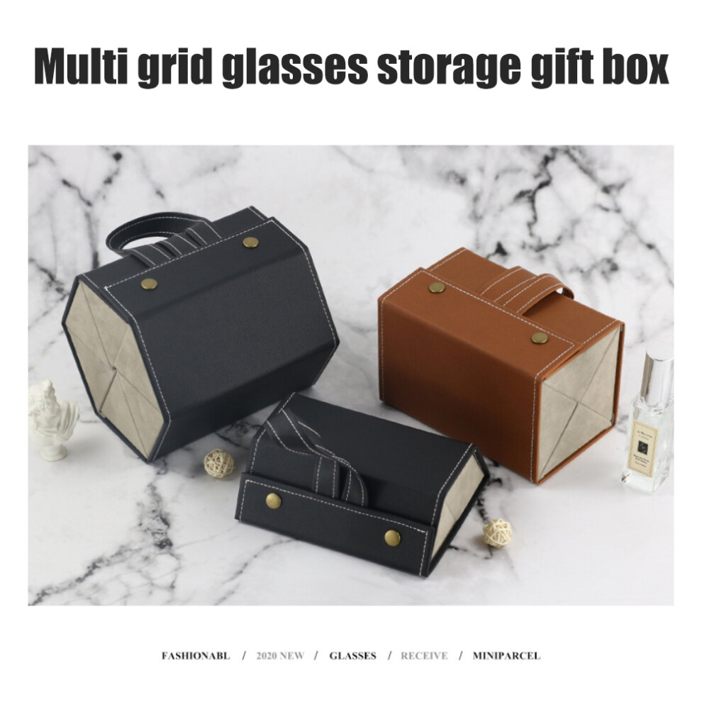 Black/Brown Foldable Pu Leather Multi-Grid Sunglasses Case, 2-6 Slots,