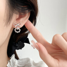 S925 White Crystal Bow Earrings, Fresh Sweet Stud Earrings for Women