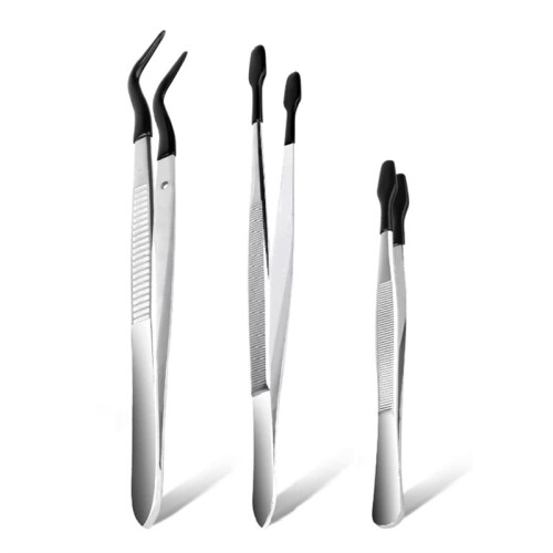 3 Pcs Tip Tweezers with Rubber, Non-Marring Silico
