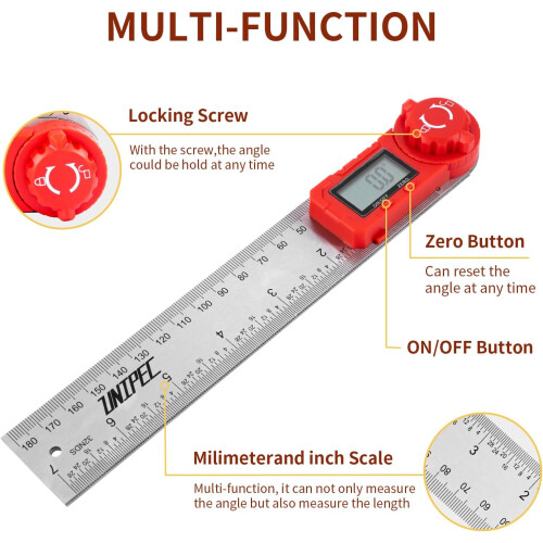 Transferidor digital para medição de ângulos, com visor LED e régua de aço inoxidável de 7 polegadas (200 mm), durável e resistente à 1
