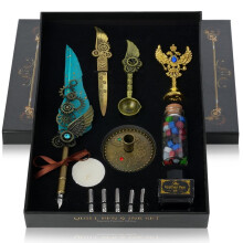 Vintage Feather Quill Pen Calligraphy Set with Ink, Wax Seal and 5 Nibs in Elegant Gift Box