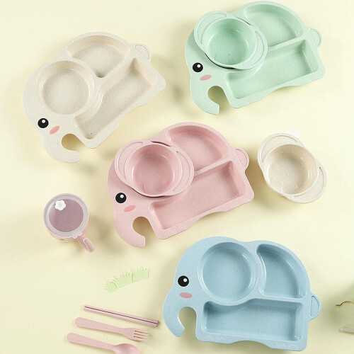 Pink Cartoon Elephant Kids Dinnerware Set, Microwave Dishwasher Safe, Durable 4Piece Tableware 1