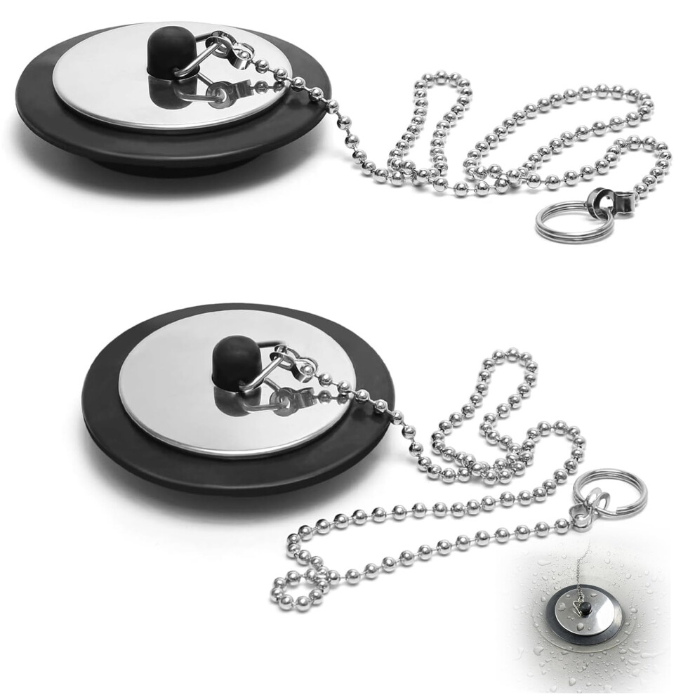 Universal Bath Plug And Chain 43Mm Black Rubber Sink Plug, 2 Pack, 40Cm Chain, Replacement For 4245Mm Uk Sinks 9347817661491