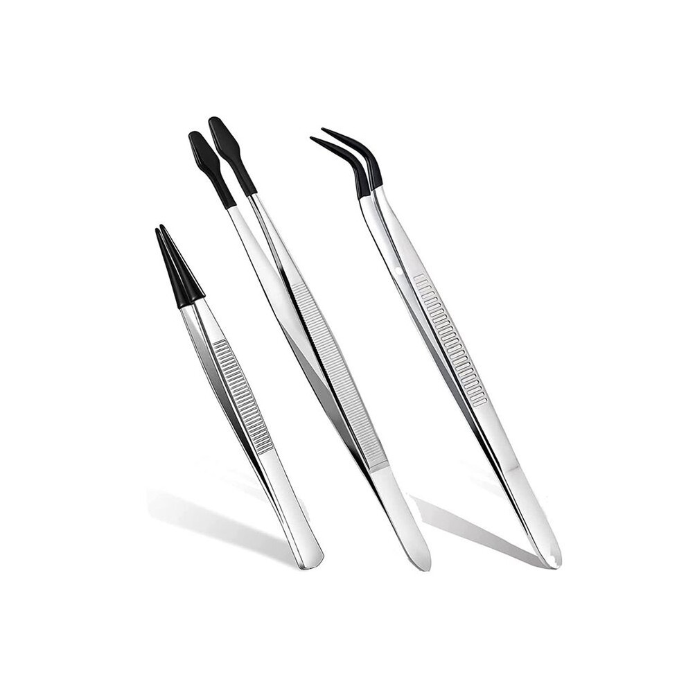 3 Pcs Rubber Tipped Tweezers, 6Inch Straight Flat Tweezers & 6Inch Bent Tip Tweezers & 4.7Inch Pointed Tweezers