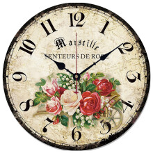 Modern Round Wooden Wall Clock, Battery Operated Silent Non-Ticking Movement with Vintage Flowers Design, Wall Clock Decorative for Living Room
