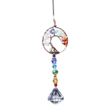 Handmade Crystal Pendant for Car Rear View Mirror Charm, Natural Stone Tree Of Life Design Healing Crystal Prism with Rainbow Light Refraction, Multi