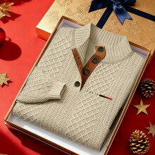 (Caqui, 42) Camisa Henley de punto con cuello alto de otoño-invierno para hombre |Jersey vintage de cuello alto, pesado, 280 g/m²,