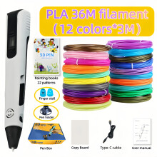 (White) 1SET 3D-Druckstift-Kit |Enthält 12 Farben  3 Meter lange PLA-Filamente, Fingerlinge, ein Zeichenbrett mit 22 Mustern,