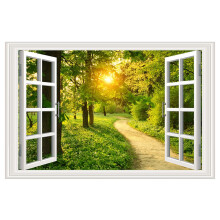 3D Sunset Forest Fake Window Wall Stickers, Faux Window, Landscape Wall Decals, Removable Green Trees Mural 90x60cm