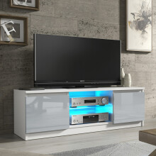 TV Stand 120cm Matt White Body Gloss Grey Doors With LED Compact Modern Unit VELERA