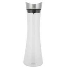 Brocca per acqua con filtro integrato e bordo in silicone, in vetro borosilicato resistente al calore, con chiusura in acciaio inox e design elegante.