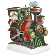 Festliche Weihnachtsornament-Eisenbahn aus Kunstharz mit Weihnachtsmann, animierter Spieluhr, LED-Beleuchtung, heliumtankgeeignet, umweltfreundliches