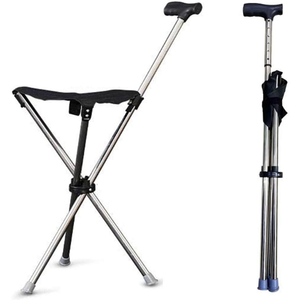 Folding Walking Stick Chair with Stable Triangular Seat for Seniors and Elderly Travel Support Black