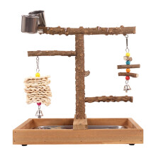 Wooden Bird Play Stand with Toys and Feeder Cups for Cockatiels and Macaws, Easy Clean Tray