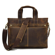 Travel Laptop Bag For Men, 13Inch Leather Satchel, Crazy Horse Leather Crossbody Briefcase, Anti Theft Bag, Brown