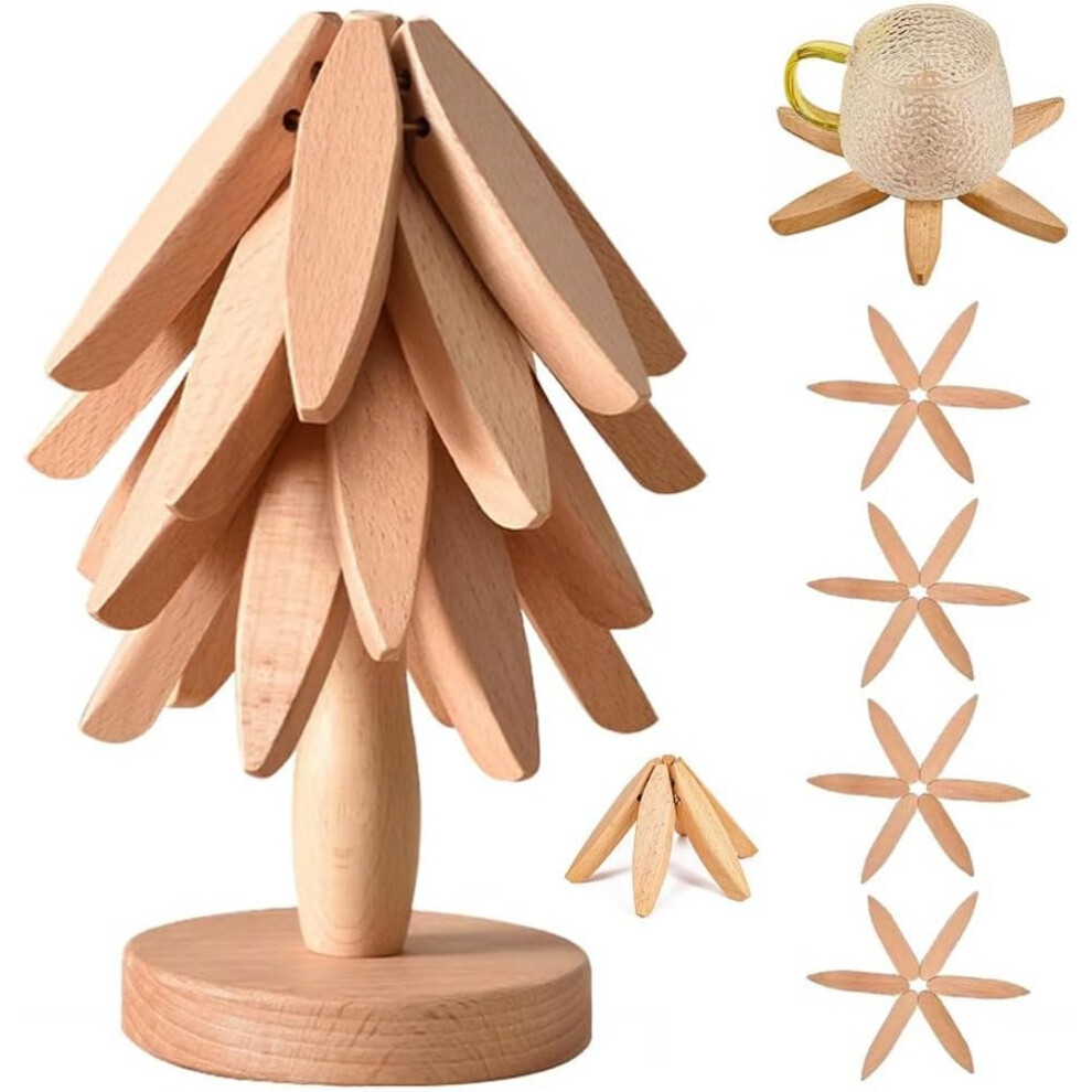 Zestaw Podstawek Pod Garnki Natural Tree 4, Drewniane, Ze Stojakiem, SkłAdane, Odporne Na CiepłO Naczynie Na GorąCe Napoje-image