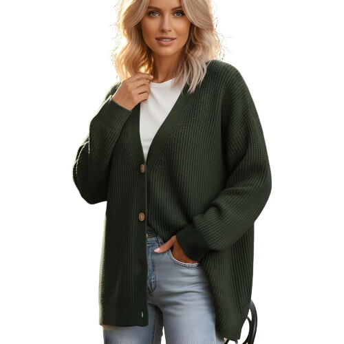 Plus Size Button Down Strikket Cardigan for Dame, Lett Åpen Front 1
