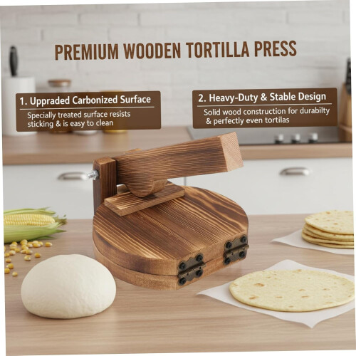 Wooden Tortilla Press Heavy Duty Carbonized Surface for Uniform Dough Dumplings and Flatbreads 2