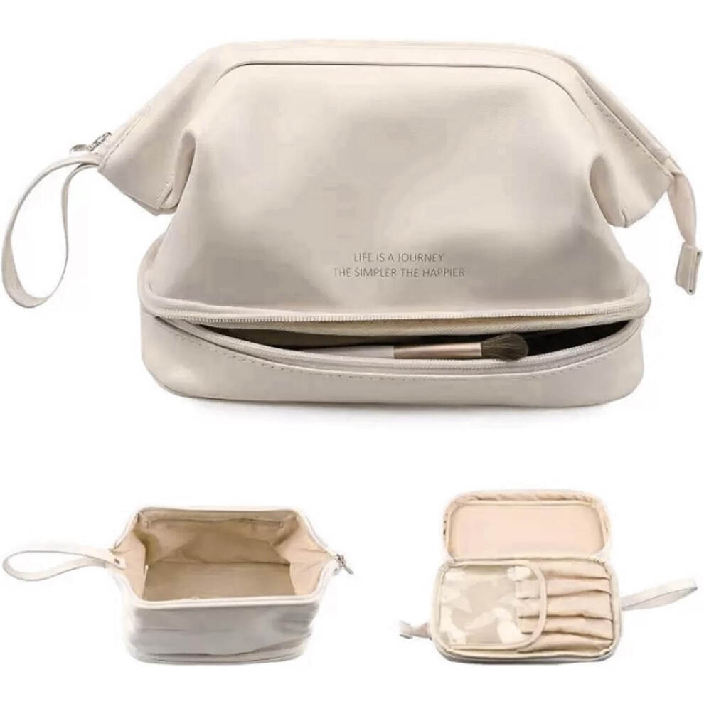 Oimg White Pu Leather Makeup Bag Double Layer Cloud, Large Capacity With Mirror