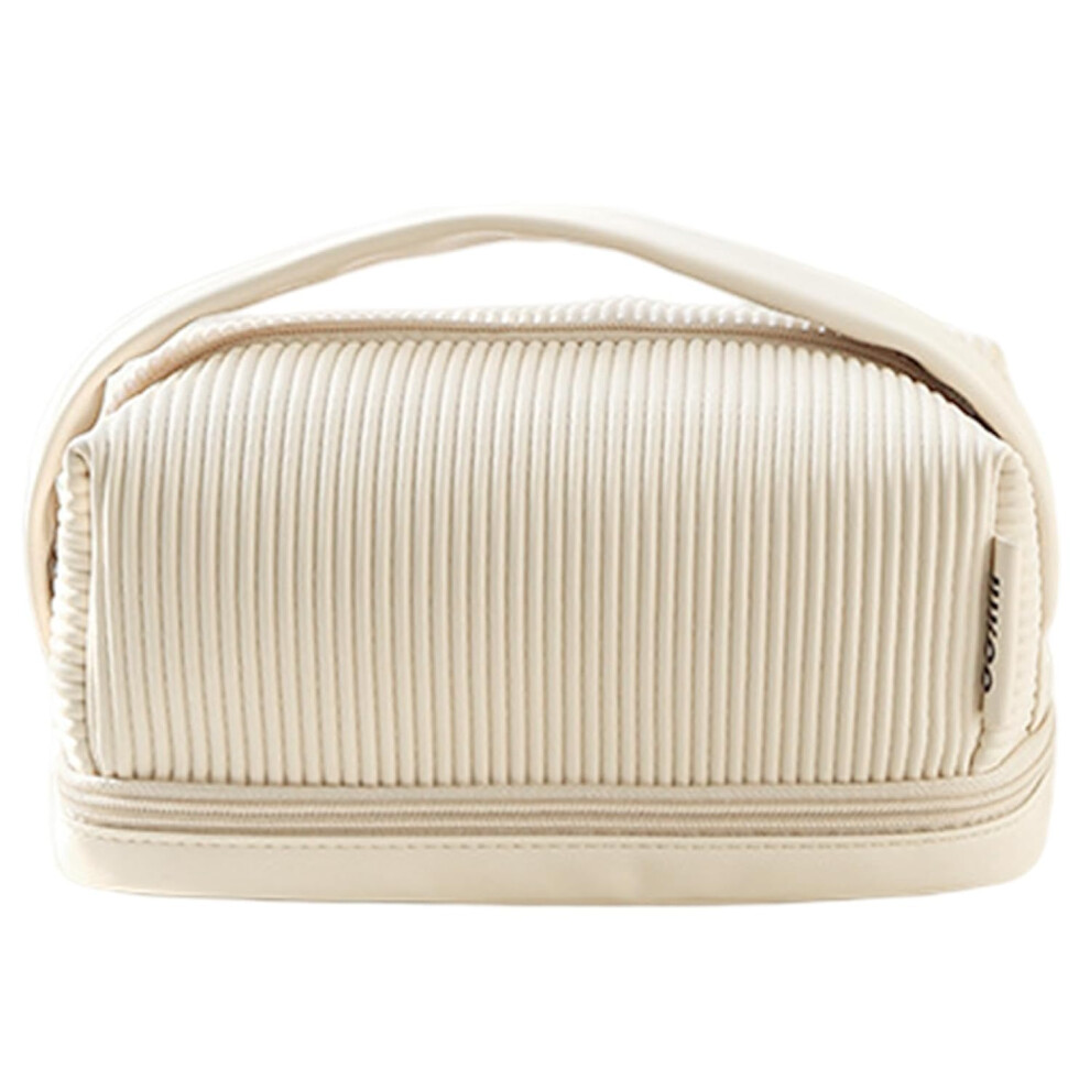 Oimg White Vanity Makeup Bag Double Layer Pu Leather, Travel Toiletry With Handle