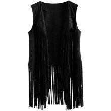 Chaleco negro con flecos, estilo western vintage, talla grande, de piel de ante, sin mangas, años 70
