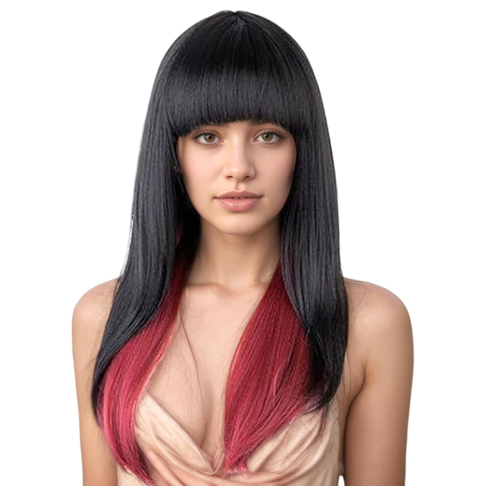 Oimg Unisex Black,Red Straight Wig With Bangs 24In Long Black Wine Red, High Temperature Silk