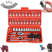 Cordless Electric Slim Ratchet Wrench Set - 3/8 Drive Rechargeable 46 Piece Kit