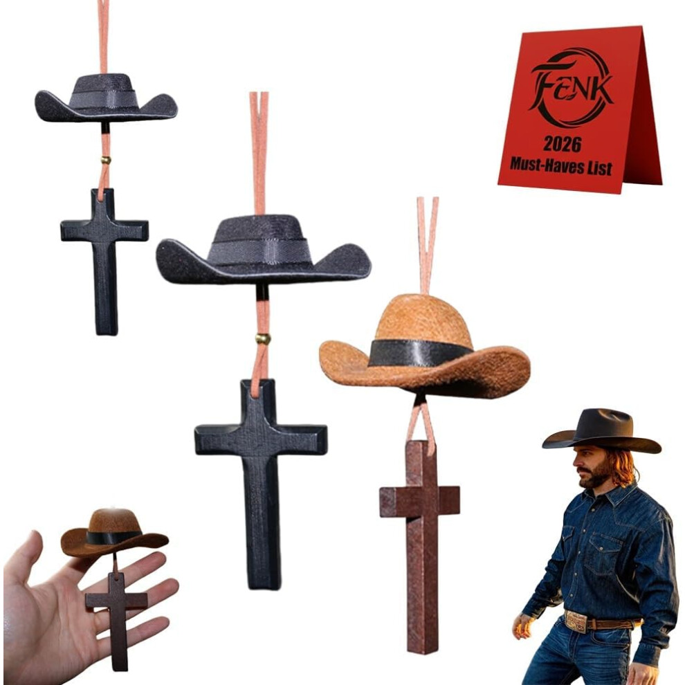 Cowboy Hat & Cross Car Charm - Western Rear View Mirror Hanging Decor 3233222764000