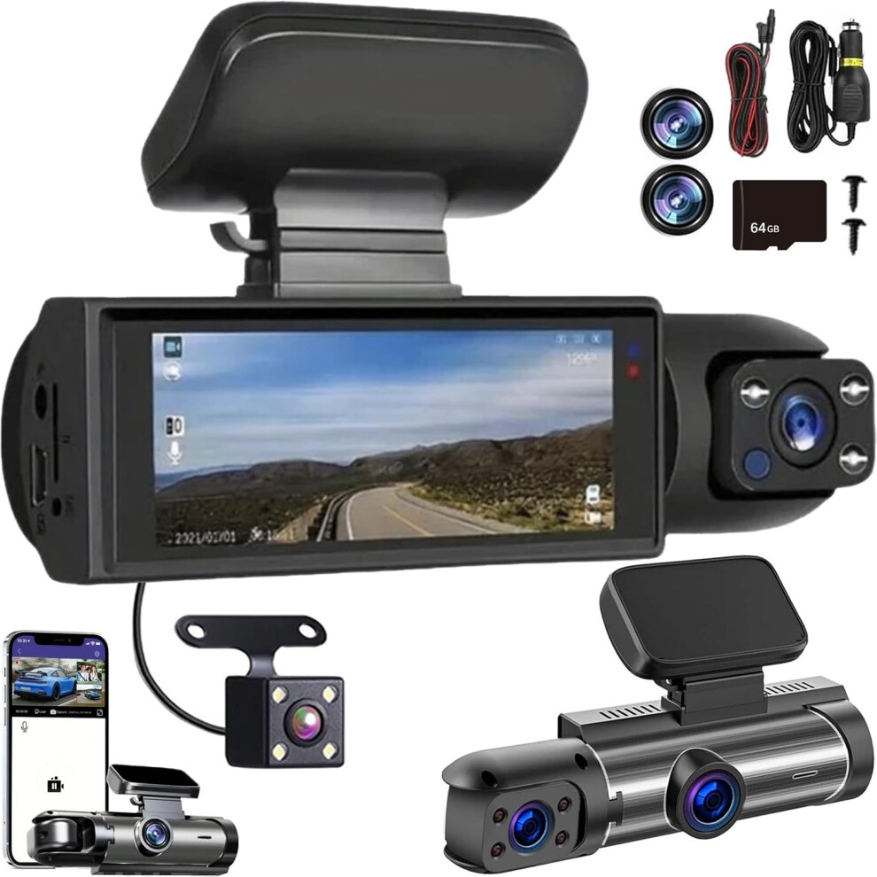 1080P Car Dash Cam With 64Gb Card - Front & Rear Camera With Wifi & Night Vision 3233222765953