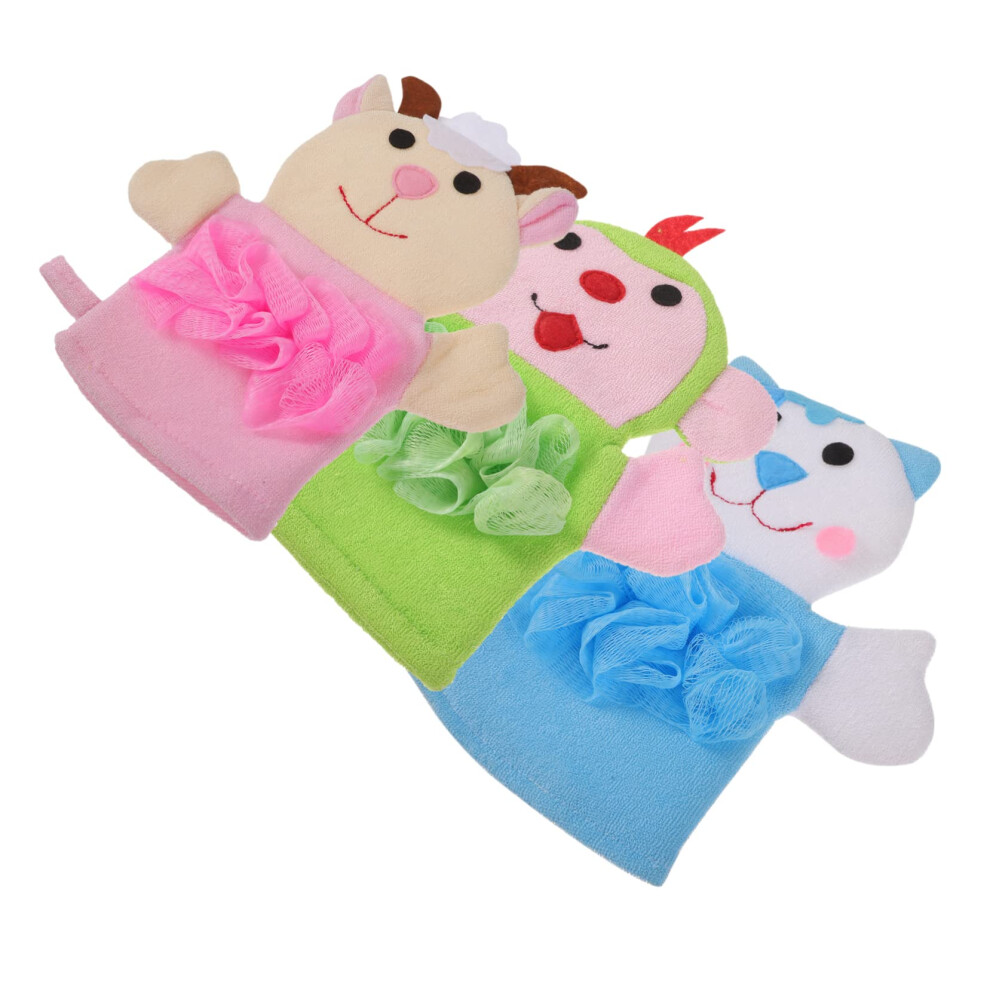 Bath Mitts Set Of 3, Cartoon Pattern Exfoliating Mitts With PE Mesh Sponge, Gentle Body Scrubbing And Rich Foaming