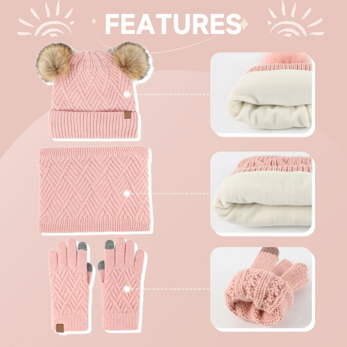 Conjunto infantil de gorro, luvas e cachecol de inverno, com pompom e protetor de pescoço em tricô. 2