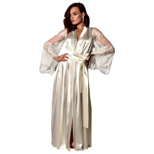Accappatoio in pizzo e rete per donna, vestibilità regolabile, maniche lunghe, camicia da notte setosa con design con cintura, kimono, accappatoi