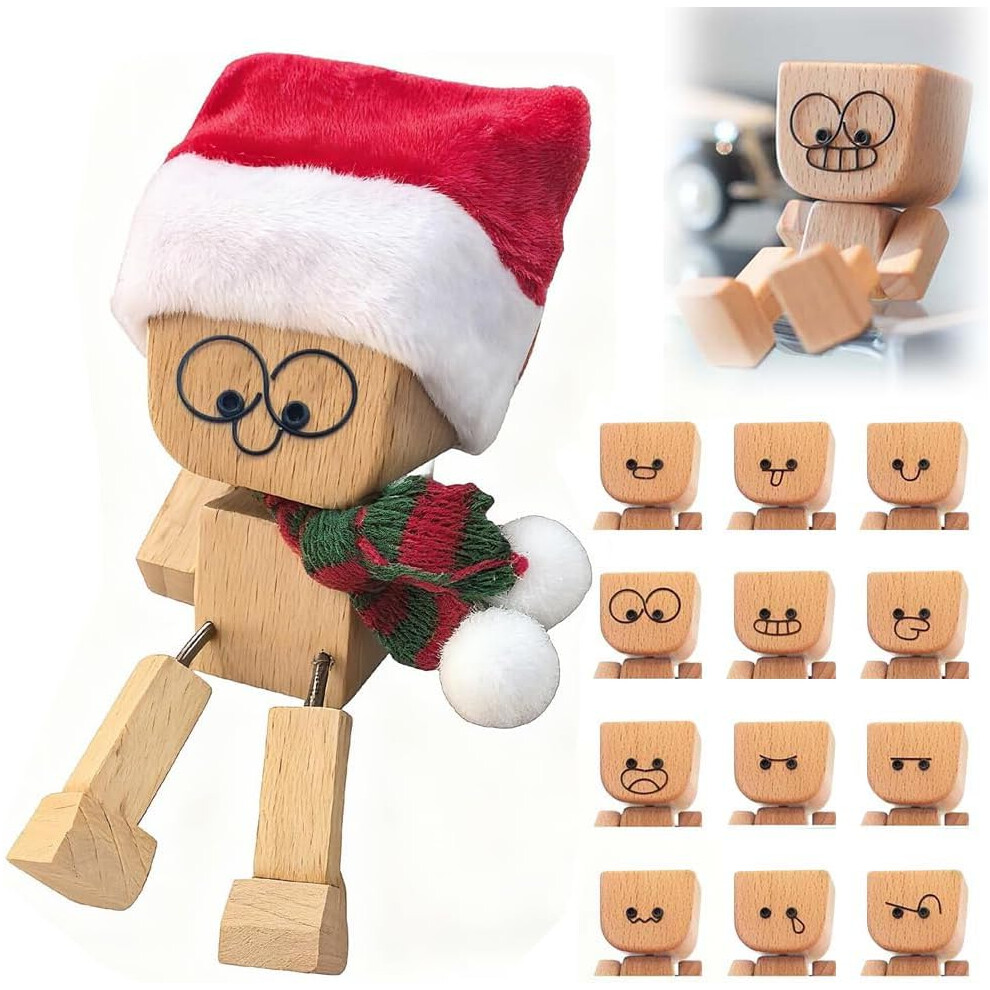 Shaking Wooden Man Figurine For Car Dashboard - Funny Handmade Doll Magnetic Expressions B 3233222780598