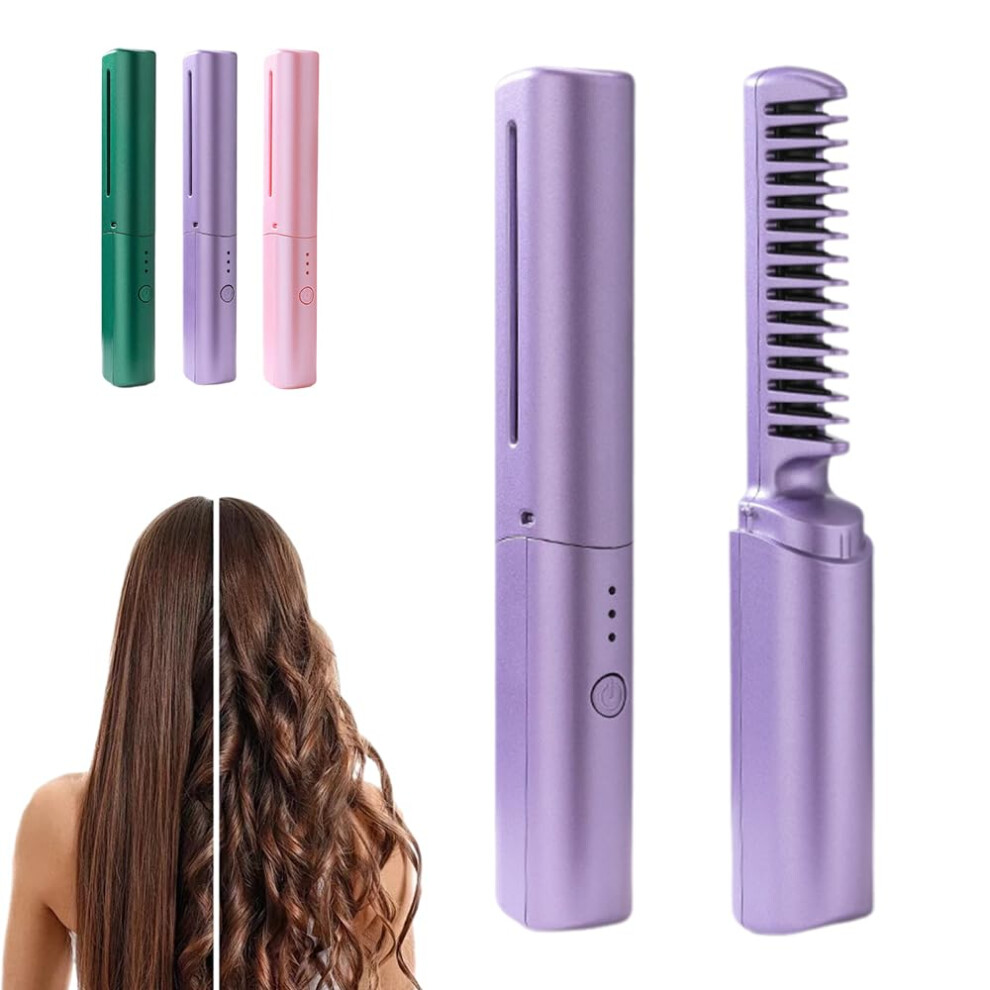 Oimg Unisex Purple Ceramic Ionic Hair Straightening Comb, Wireless, Fast Heating, 3 Temperatures, Frizz-Free,