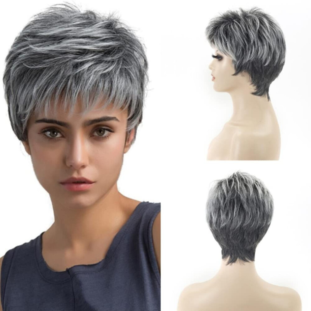 Unisex Grey Wig For Women, Oblique Bangs, Short Hair, Synthetic Fiber, Heat Resistant, Adjust Cap, Natural Look, Gradient