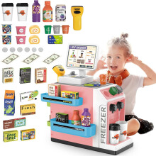 Máquina de café de juguete para niños, mini supermercado con función de salida de agua y comida de juguete, juego de caja registradora con barra