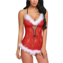 Lace Lingerie Set for Women, Babydoll Lace Chemises Garter Belt Lingerie Plush Xmas Naughty Sleepwear, Soft V Neck Mesh Design with Furry Trim for