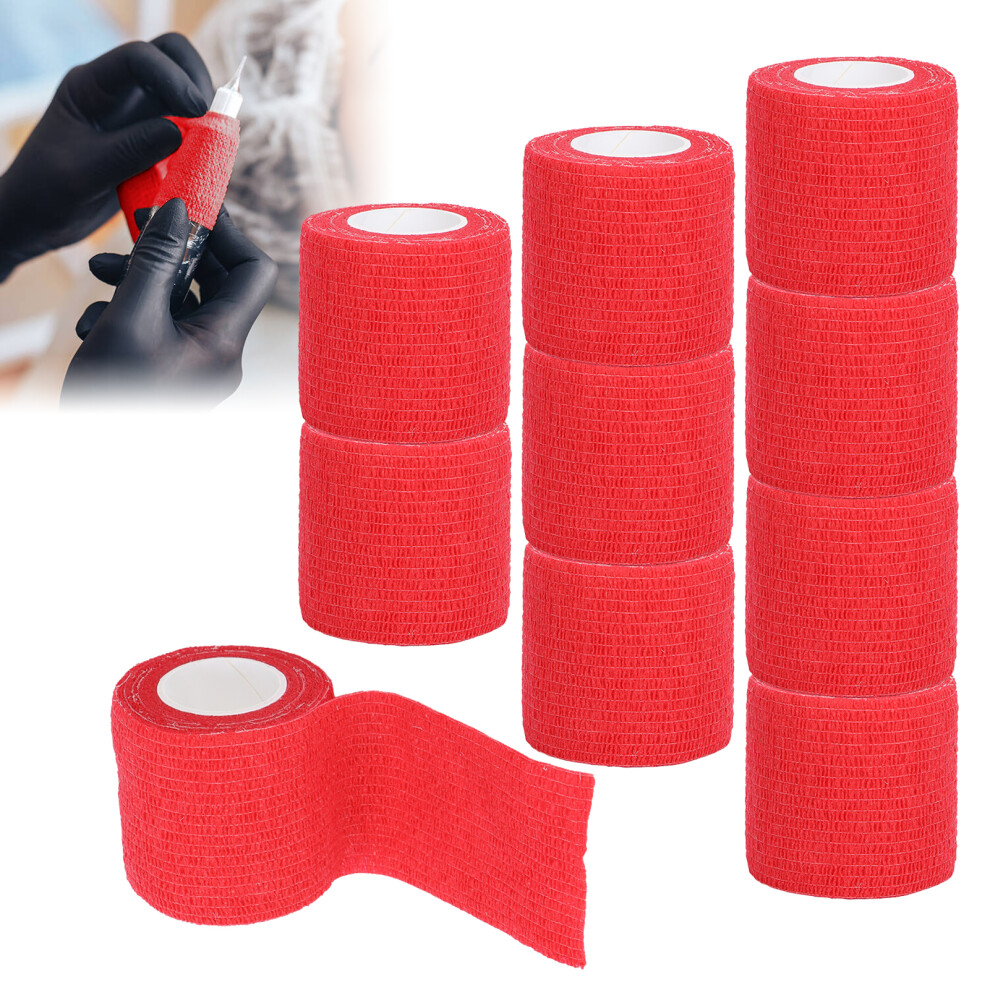 10Pcs Self-Adhesive Elastic Bandage: 2in x 14.8ft Red Tattoo Handle Straps