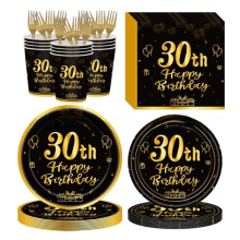 Disposable Tableware for Milestone Birthdays, Elegant Birthday Decorations with Black Gold Themed Design, Complete Party Set Including Plates Cups