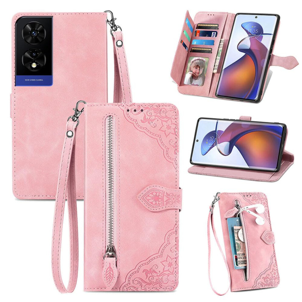 Phone Case For Tcl 505 Wallet With Zipper, Flip Card Slots, Tpu, Embossed Skinfeel, Allinone Protection Pink 9347817696899
