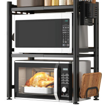 Microwave Oven Rack Adjustable Carbon Steel 3 Tier Shelf with Hooks and Holders Black
