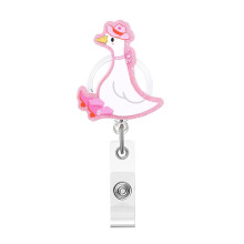 Funny Stupid Duck Badge Reel with Hat, Pink Acrylic ID Badge Holder with Retractable Clip for Nurses and Teachers