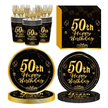 Disposable Tableware for 50th Birthday Events, Black and Gold Party Decorations Set with Premium Material Construction, Happy 50th Birthday Themed